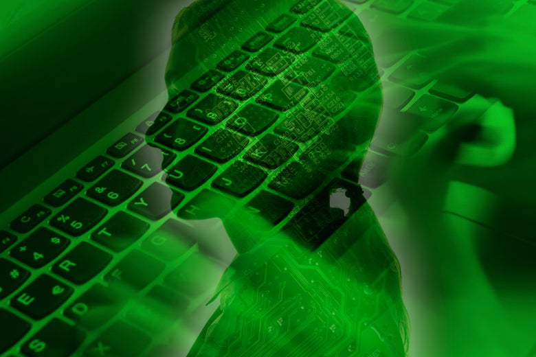 A photo illustration of a human with circuits inside of her overlayed on a keyboard.